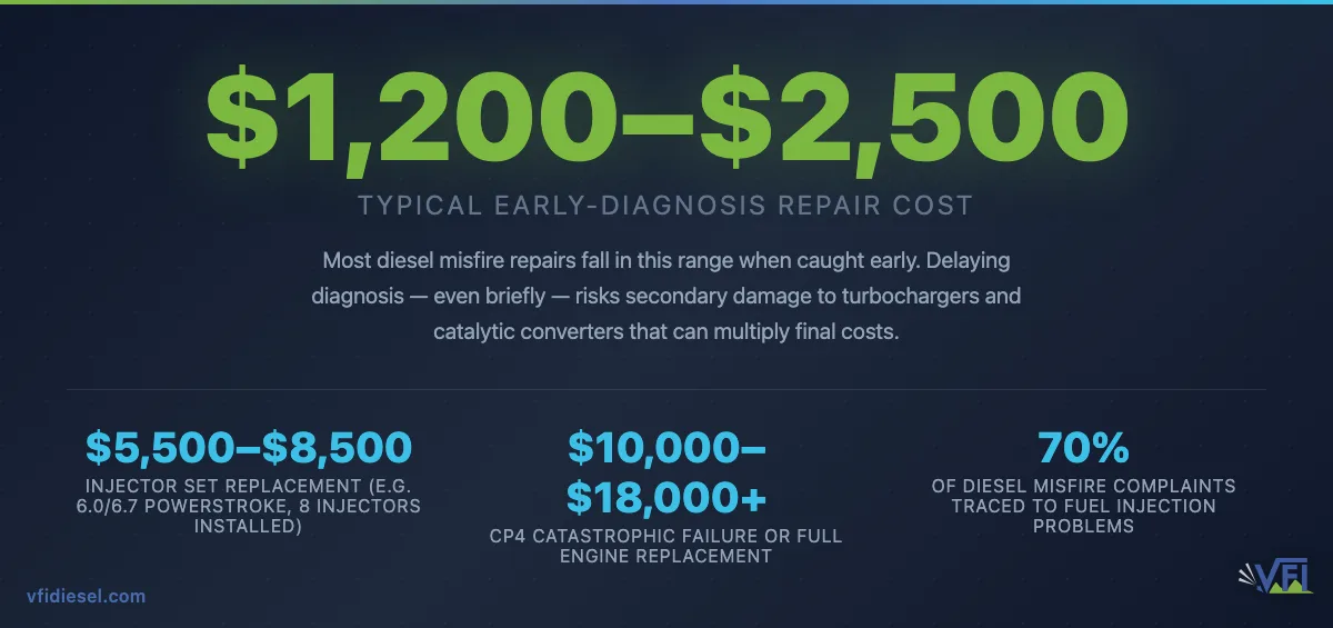 Stat callout showing diesel misfire repair costs: $1,200–$2,500 when caught early, rising to $5,500–$8,500 for a full injector set replacement, and $10,000–$18,000+ for catastrophic fuel system or engine failure
