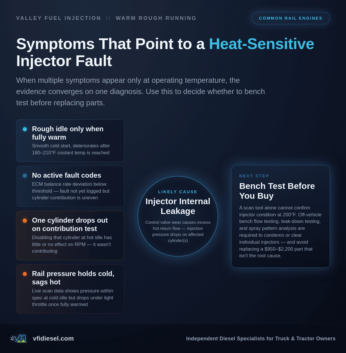 Diagnostic flow chart showing four warm-engine symptoms — rough idle only when warm, no fault codes, one cylinder dropping out on contribution test, and rail pressure sagging hot — converging on a likely diagnosis of injector internal leakage, with a takeaway recommending bench testing before part replacement.