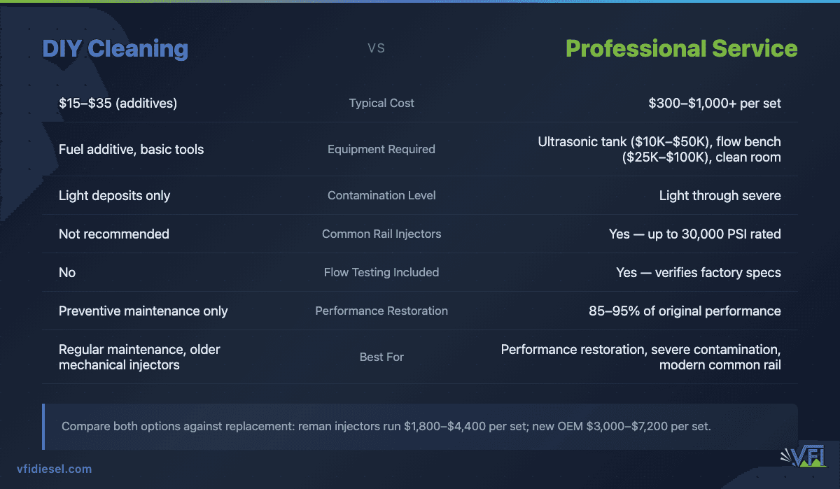 Side-by-side comparison of DIY vs professional diesel injector cleaning covering cost ($15–$35 DIY vs $300–$1,000+ professional per set), equipment, contamination level handled, common rail suitability, flow testing, and performance restoration rate of 85–95%