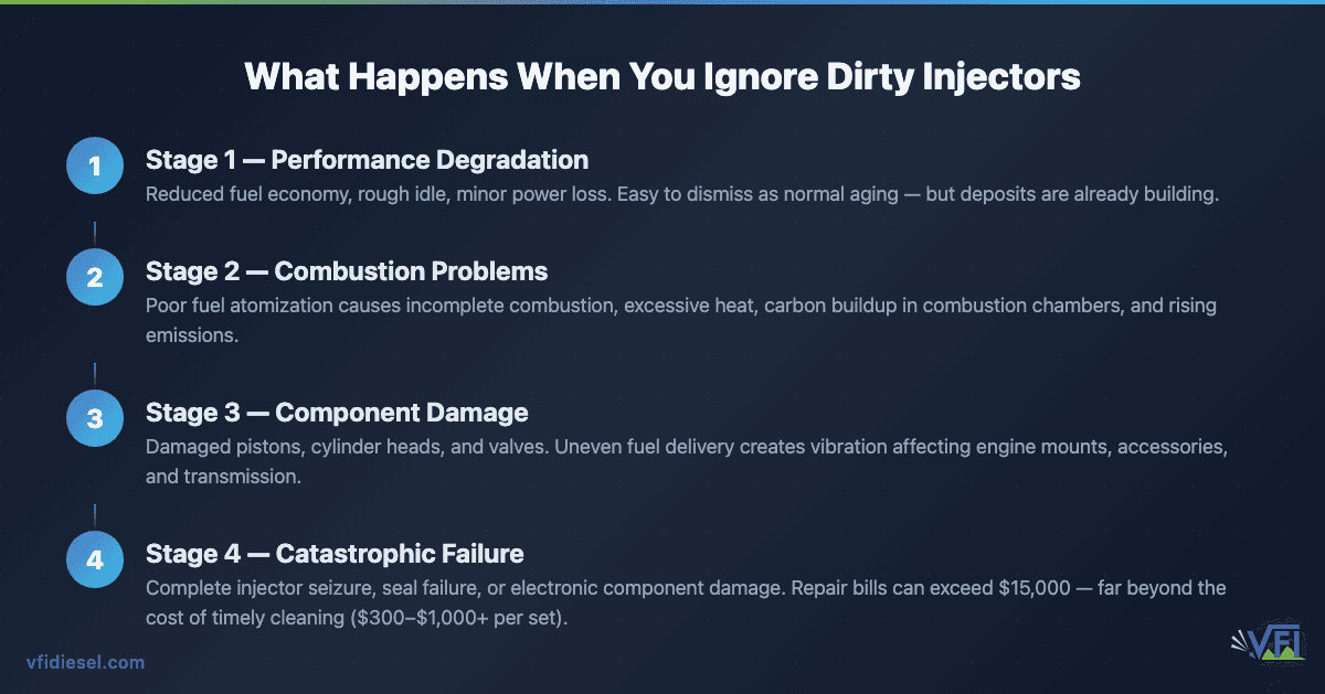Four-stage process diagram showing how neglected diesel injectors escalate from minor performance issues through combustion problems and component damage to catastrophic engine failure costing $15,000 or more