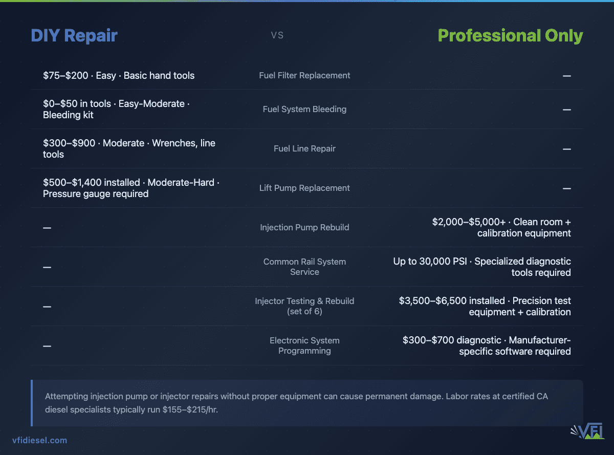 Comparison table of DIY vs. professional-only diesel fuel system repairs, showing DIY options ranging from $75–$1,400 and professional repairs ranging from $2,000–$6,500+, with complexity, required tools, and risk level for each repair type