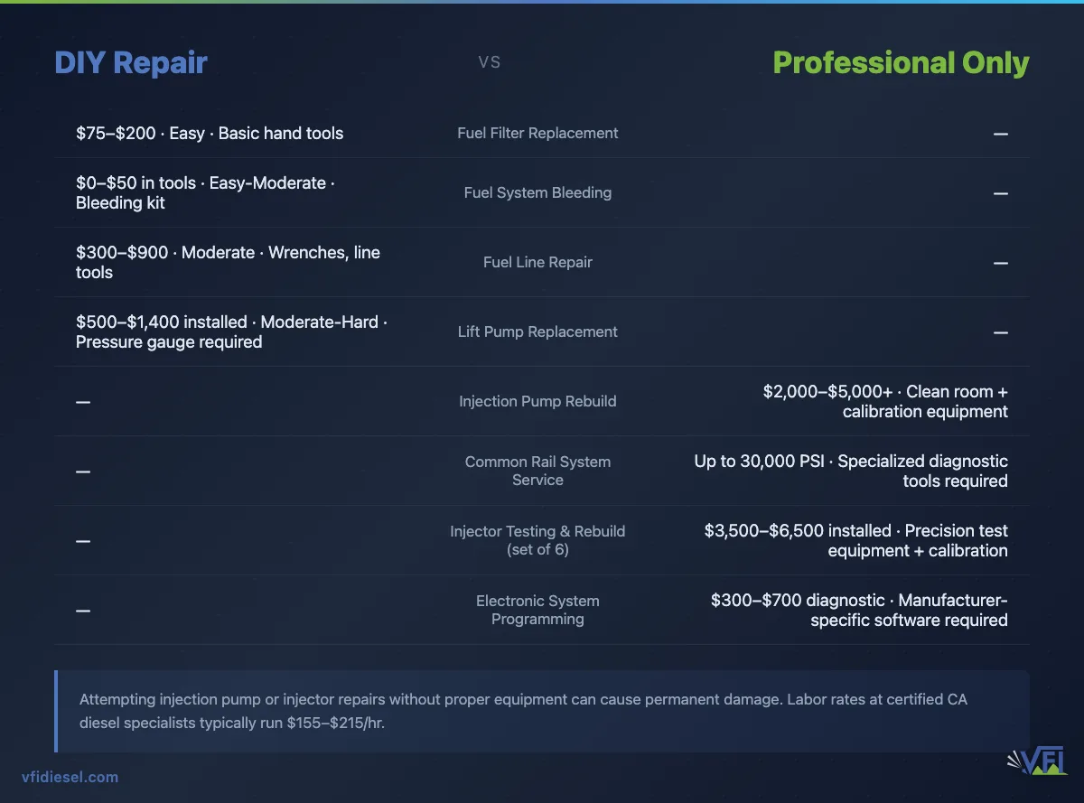 Comparison table of DIY vs. professional-only diesel fuel system repairs, showing DIY options ranging from $75–$1,400 and professional repairs ranging from $2,000–$6,500+, with complexity, required tools, and risk level for each repair type