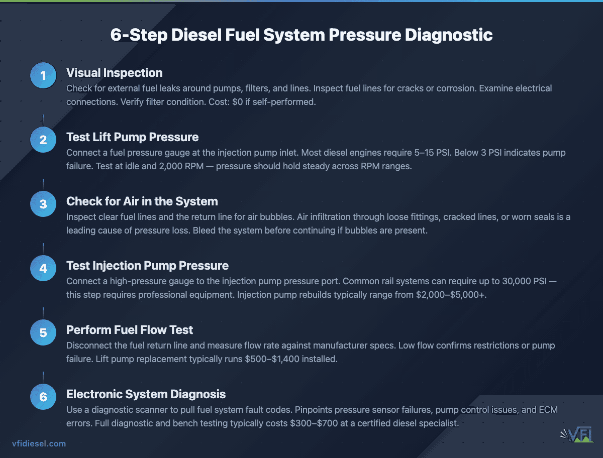 Six-step diagnostic process for diesel fuel system pressure loss, from visual inspection through electronic diagnosis, with cost ranges including $300–$700 for full diagnostics and $500–$1,400 for lift pump replacement