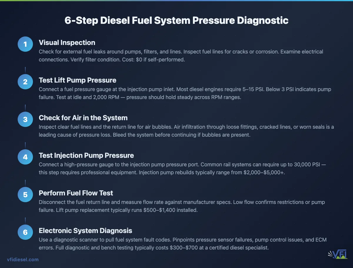 Six-step diagnostic process for diesel fuel system pressure loss, from visual inspection through electronic diagnosis, with cost ranges including $300–$700 for full diagnostics and $500–$1,400 for lift pump replacement