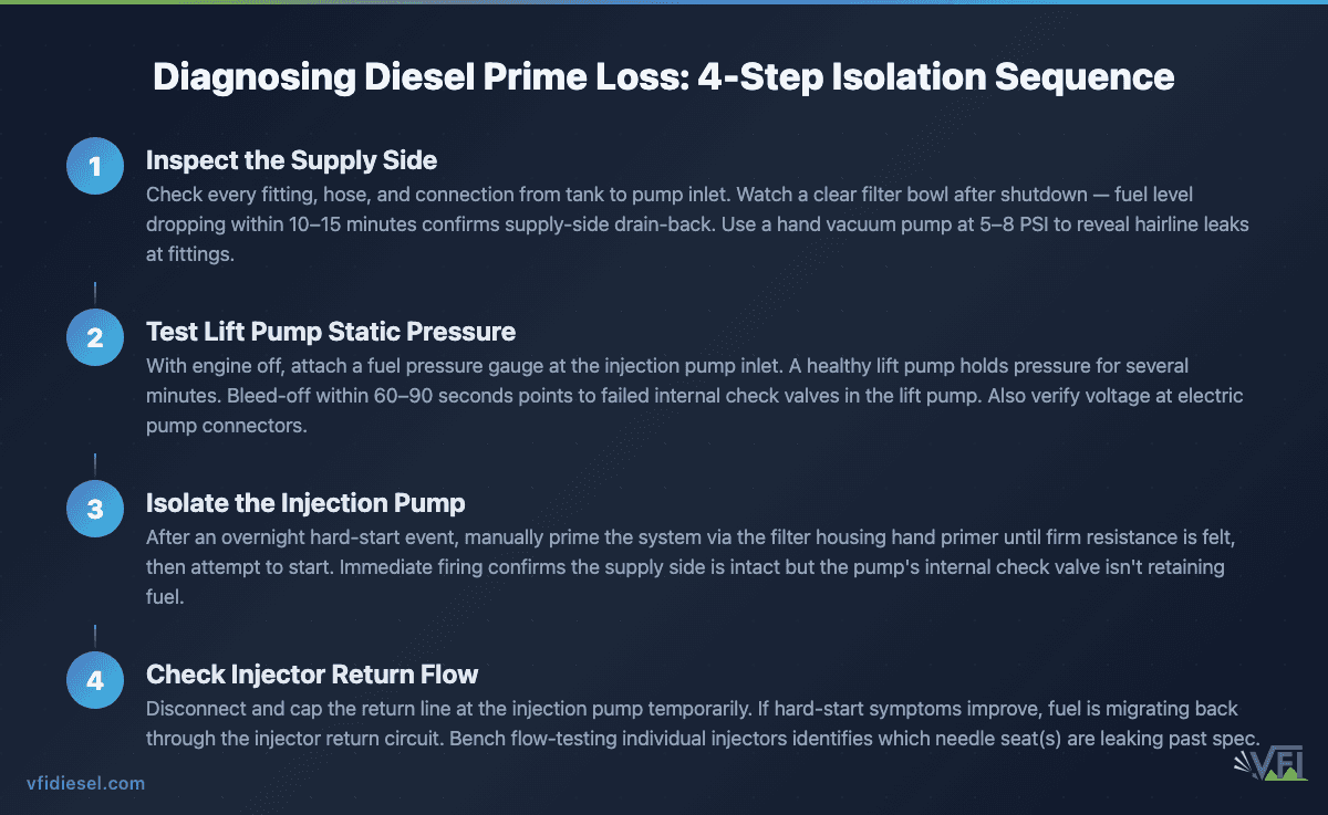 Four-step diagnostic process for isolating diesel injection pump prime loss: supply side inspection, lift pump pressure test, injection pump isolation, and injector return flow check