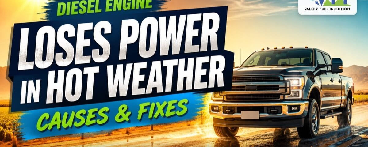Diesel pickup truck on a sun-baked Central Valley highway under a blazing sun, with bold headline text reading "Diesel Engine Loses Power in Hot Weather: Causes & Fixes"