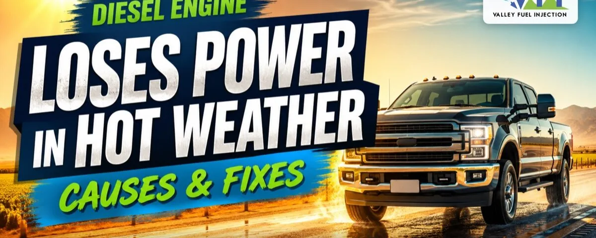 Diesel pickup truck on a sun-baked Central Valley highway under a blazing sun, with bold headline text reading "Diesel Engine Loses Power in Hot Weather: Causes & Fixes"