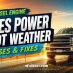 Diesel pickup truck on a sun-baked Central Valley highway under a blazing sun, with bold headline text reading "Diesel Engine Loses Power in Hot Weather: Causes & Fixes"