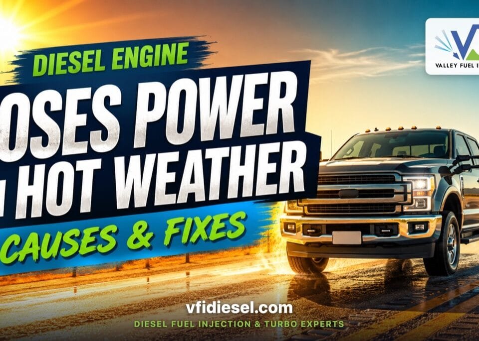 Diesel pickup truck on a sun-baked Central Valley highway under a blazing sun, with bold headline text reading "Diesel Engine Loses Power in Hot Weather: Causes & Fixes"