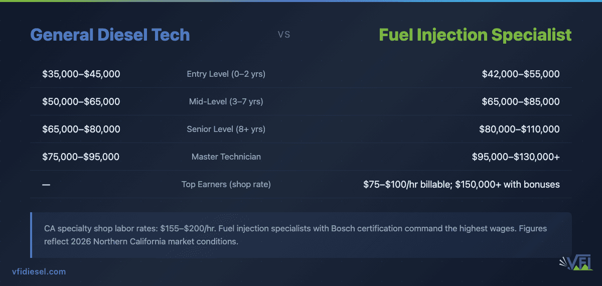 Salary comparison table: General diesel technicians earn $35,000–$95,000 depending on experience; fuel injection specialists earn $42,000–$130,000+, with master technicians billing $75–$100 per hour at specialty shops