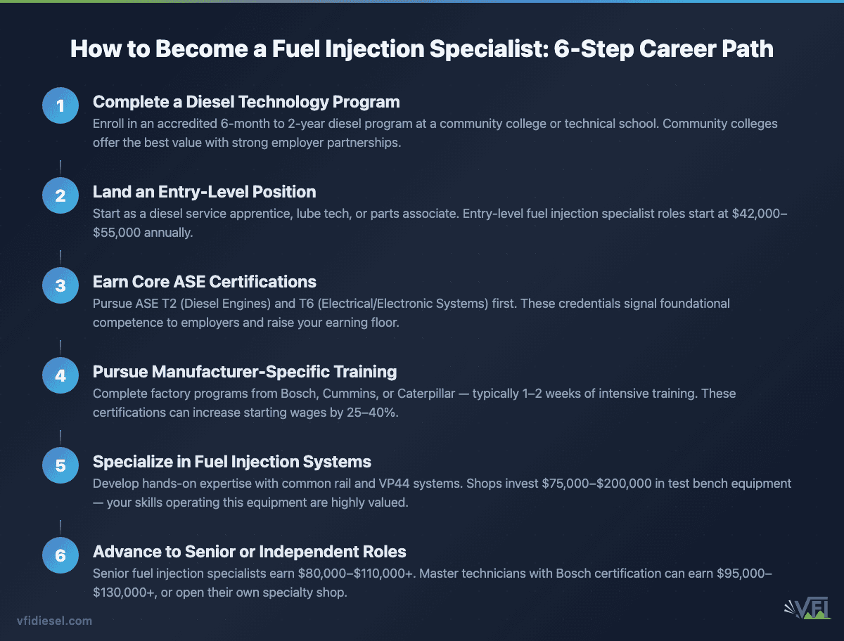 Six-step career path from diesel technology program enrollment through entry-level work, ASE certifications, manufacturer training, fuel injection specialization, and senior or independent roles earning $95,000–$130,000+