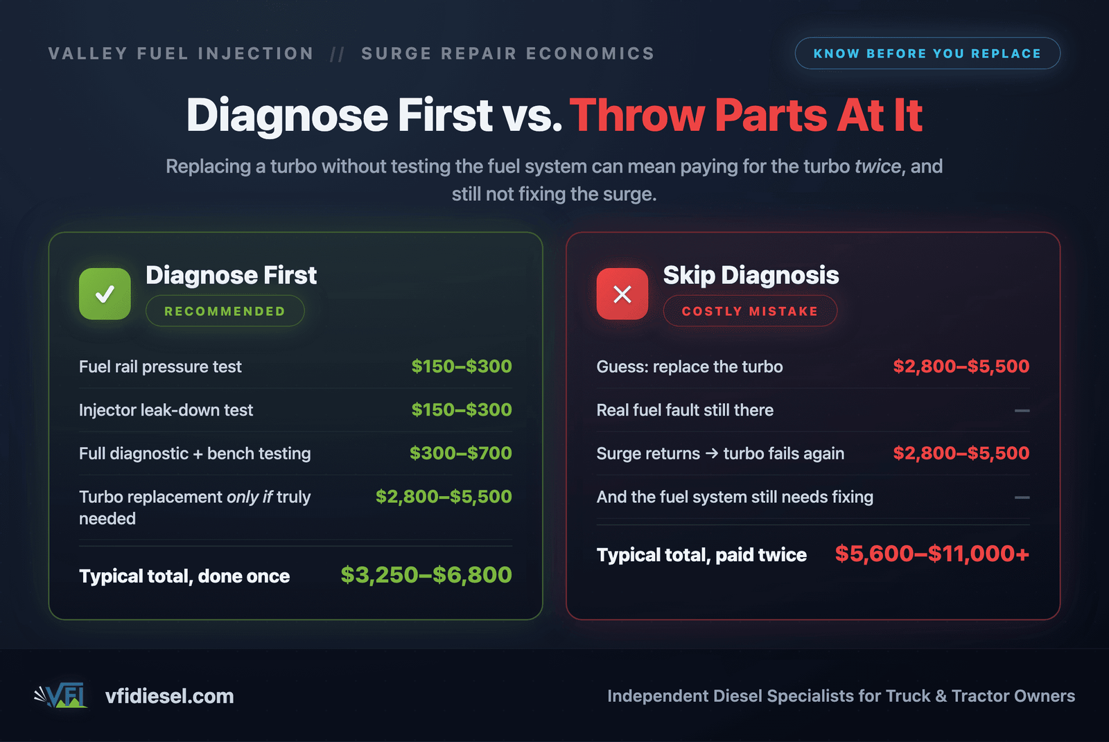 Cost comparison table showing diagnose-first path (fuel rail pressure test $150–$300, injector leak-down $150–$300, full bench testing $300–$700, turbo replacement if needed $2,800–$5,500, total $3,250–$6,800) versus skip-diagnosis path where a missed fuel fault can mean paying $2,800–$5,500 for a turbo twice, totaling $5,600–$11,000+