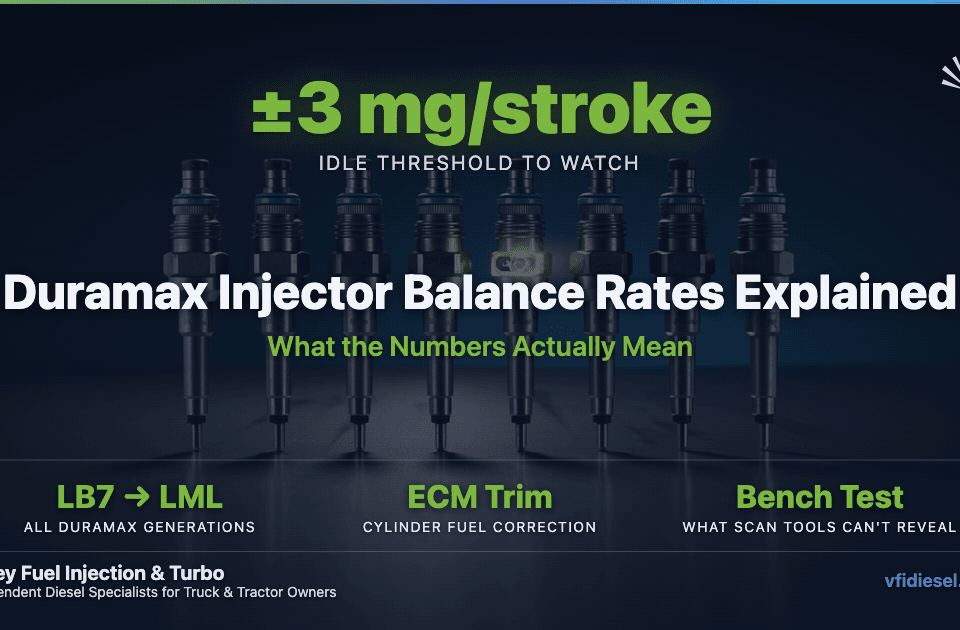 Eight Duramax common-rail diesel fuel injectors lined up against a moody dark blue backdrop with one center injector glowing warm orange, illustrating how balance rates identify a single failing injector.