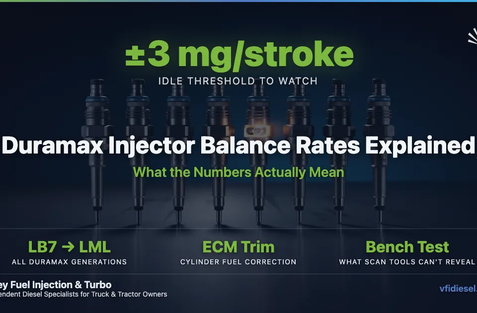 Eight Duramax common-rail diesel fuel injectors lined up against a moody dark blue backdrop with one center injector glowing warm orange, illustrating how balance rates identify a single failing injector.
