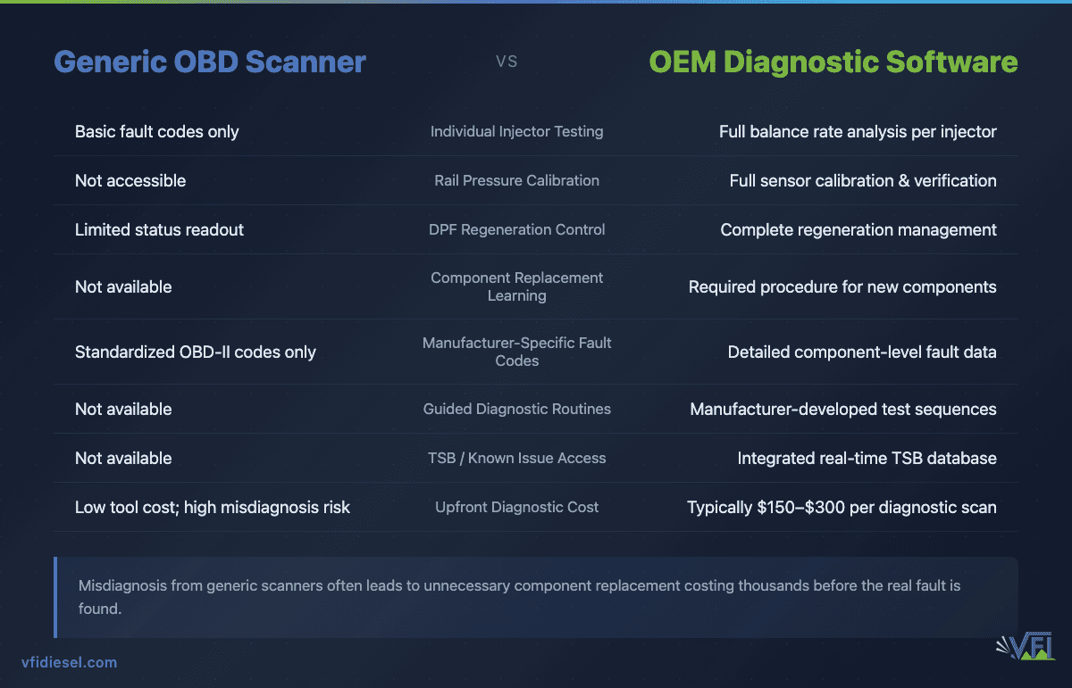 Side-by-side comparison table of Generic OBD Scanner vs OEM Diagnostic Software capabilities across 8 categories including injector testing, rail pressure calibration, DPF control, and diagnostic scan cost of $150–$300