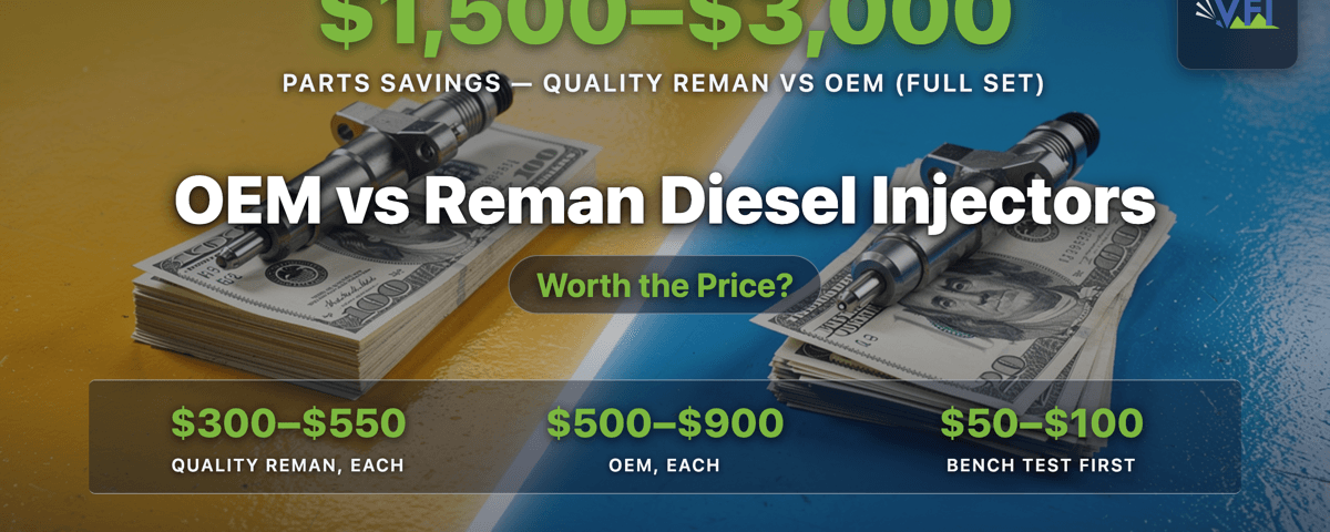 Two common-rail diesel injectors side by side on stacks of cash — one on a thick stack of hundred-dollar bills against a bright yellow background, the other on a smaller stack of twenties against a vibrant blue background, separated by a glowing white diagonal seam, illustrating the price gap between OEM and remanufactured diesel injectors