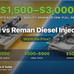 Two common-rail diesel injectors side by side on stacks of cash — one on a thick stack of hundred-dollar bills against a bright yellow background, the other on a smaller stack of twenties against a vibrant blue background, separated by a glowing white diagonal seam, illustrating the price gap between OEM and remanufactured diesel injectors