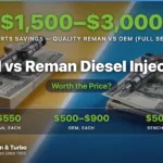 Two common-rail diesel injectors side by side on stacks of cash — one on a thick stack of hundred-dollar bills against a bright yellow background, the other on a smaller stack of twenties against a vibrant blue background, separated by a glowing white diagonal seam, illustrating the price gap between OEM and remanufactured diesel injectors