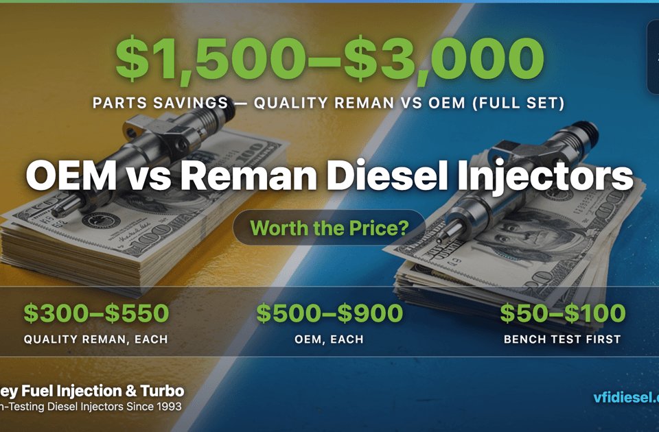 Two common-rail diesel injectors side by side on stacks of cash — one on a thick stack of hundred-dollar bills against a bright yellow background, the other on a smaller stack of twenties against a vibrant blue background, separated by a glowing white diagonal seam, illustrating the price gap between OEM and remanufactured diesel injectors