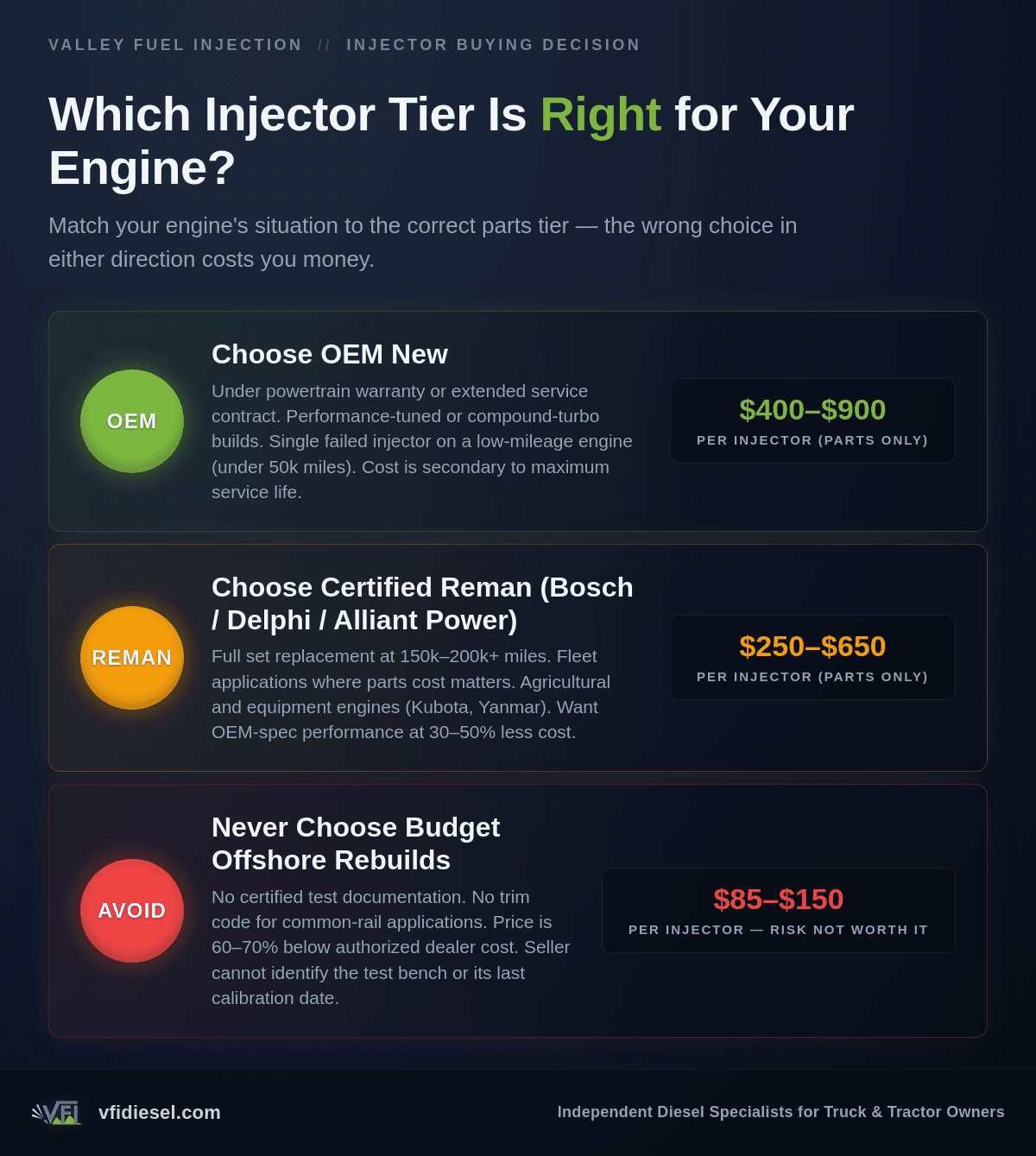 Three-tier injector buying guide: OEM new for warranty and performance builds, certified reman from Bosch/Delphi/Alliant Power for high-mileage and fleet work, and budget offshore rebuilds to avoid entirely