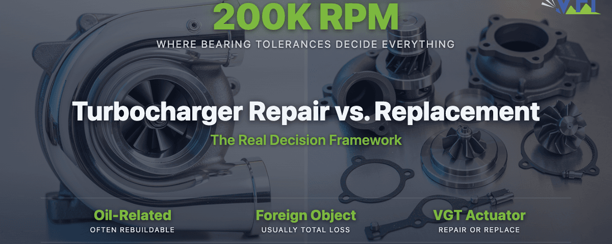 Split image: polished rebuilt diesel turbocharger on the left, disassembled turbo components (cartridge, compressor wheel, turbine housing, gaskets) laid out on a brushed-steel workbench on the right