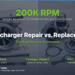 Split image: polished rebuilt diesel turbocharger on the left, disassembled turbo components (cartridge, compressor wheel, turbine housing, gaskets) laid out on a brushed-steel workbench on the right