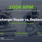 Split image: polished rebuilt diesel turbocharger on the left, disassembled turbo components (cartridge, compressor wheel, turbine housing, gaskets) laid out on a brushed-steel workbench on the right