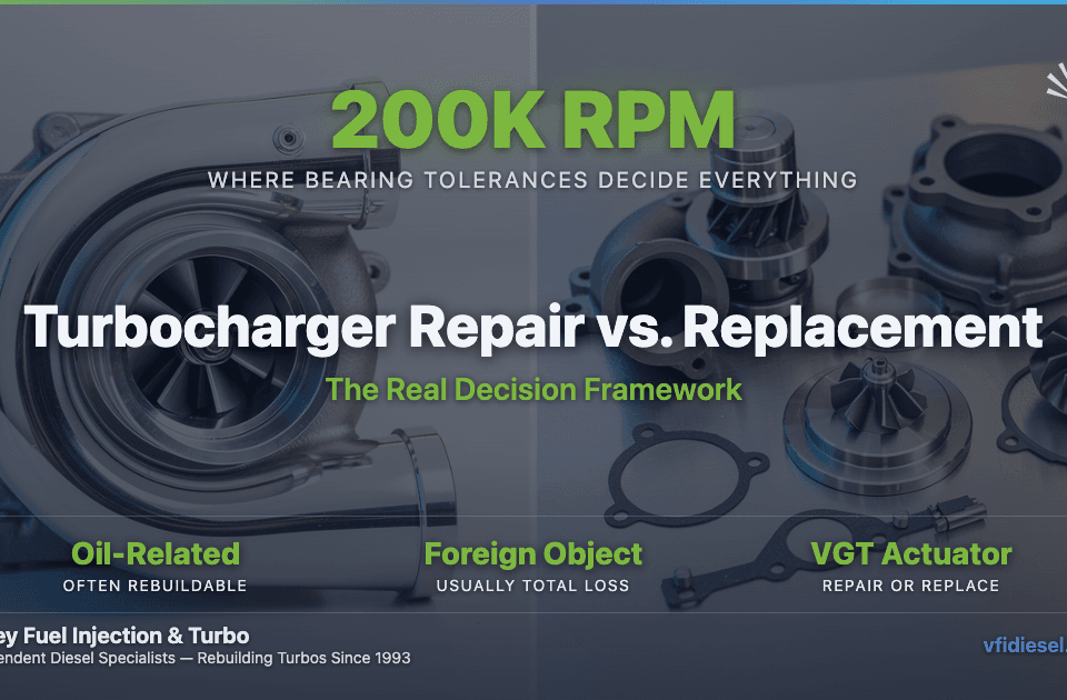 Split image: polished rebuilt diesel turbocharger on the left, disassembled turbo components (cartridge, compressor wheel, turbine housing, gaskets) laid out on a brushed-steel workbench on the right