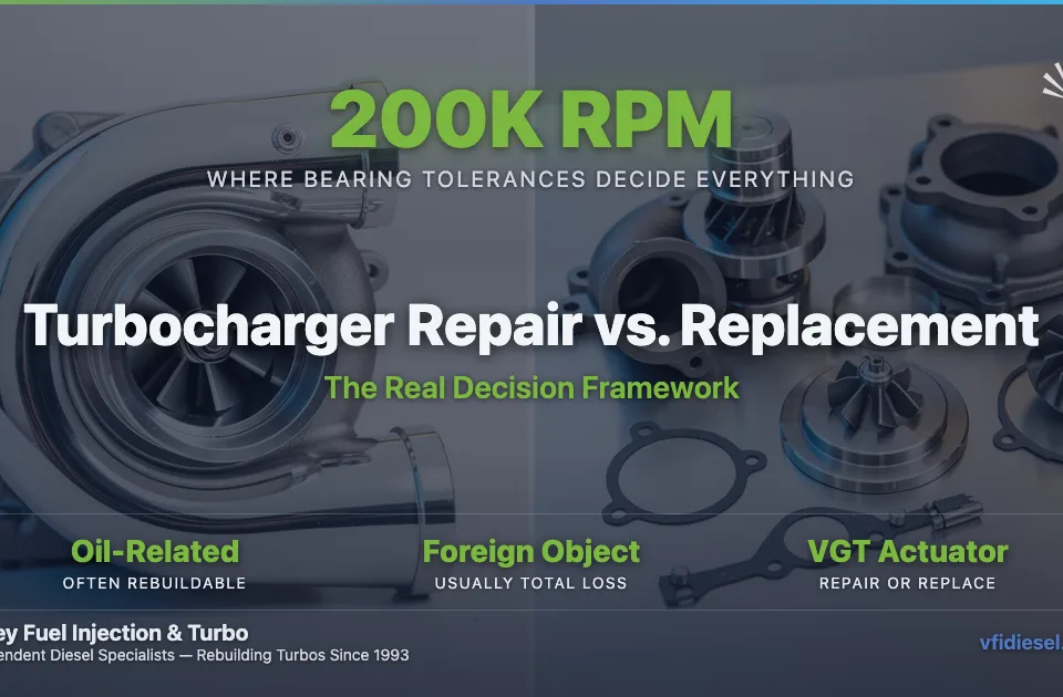 Split image: polished rebuilt diesel turbocharger on the left, disassembled turbo components (cartridge, compressor wheel, turbine housing, gaskets) laid out on a brushed-steel workbench on the right