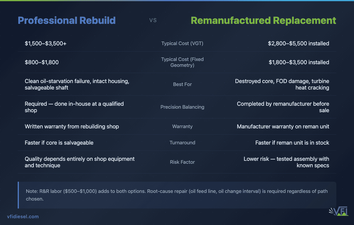 Side-by-side comparison of professional turbocharger rebuild vs. remanufactured replacement: rebuild costs $800–$3,500+ depending on turbo type; reman replacement costs $1,800–$5,500 installed. Table compares cost, best-fit scenario, balancing, warranty, turnaround, and risk.