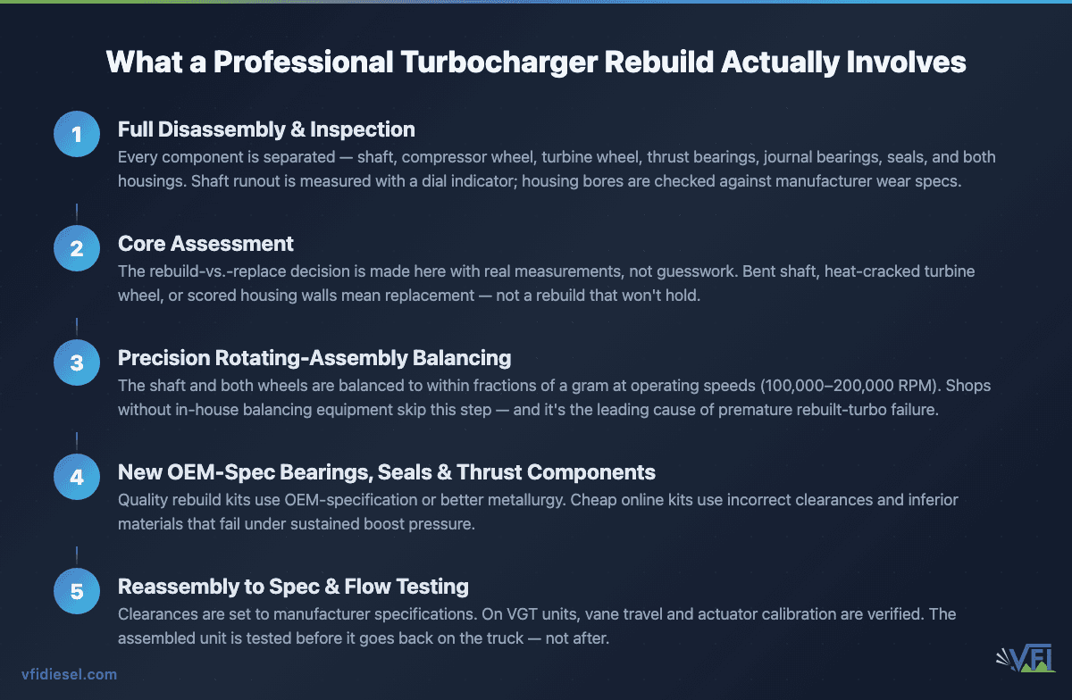Five-step process flow for a professional diesel turbocharger rebuild: (1) full disassembly and inspection, (2) core assessment for rebuild vs. replace decision, (3) precision rotating-assembly balancing at operating RPM, (4) installation of OEM-spec bearings and seals, (5) reassembly to spec and flow testing.
