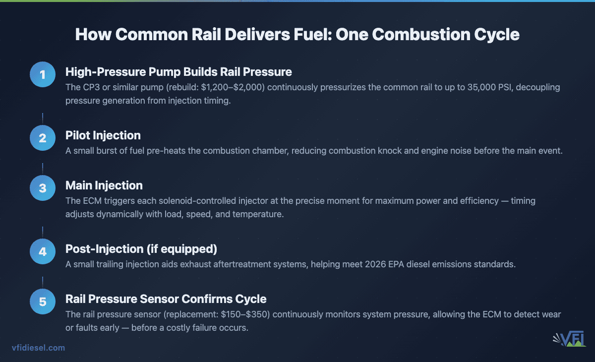 Five-step process flow diagram showing how a common rail diesel injection system delivers fuel through one combustion cycle: high-pressure pump builds rail pressure, pilot injection, main injection, post-injection, and rail pressure sensor confirmation — with 2026 repair cost references