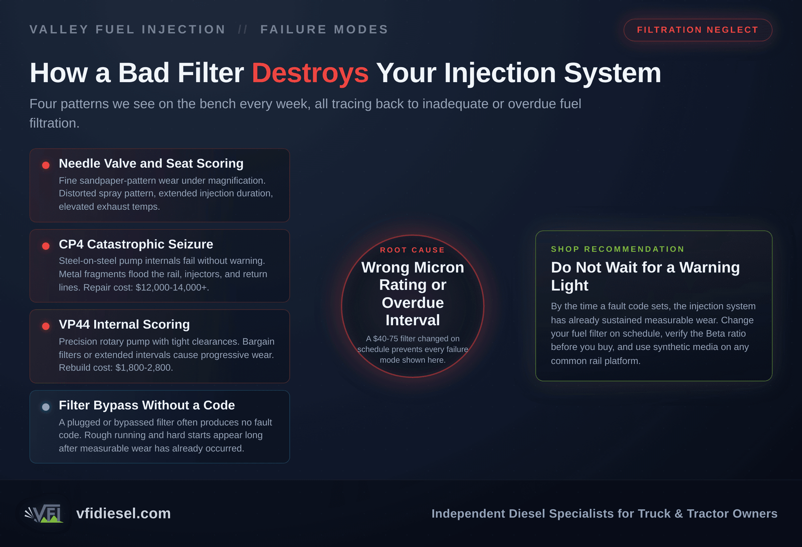 Diagnostic flow chart showing four filtration-related failure patterns, including needle valve scoring, CP4 catastrophic seizure, VP44 internal scoring, and silent filter bypass, all converging on the root cause of wrong micron rating or overdue filter interval, with a shop recommendation to change filters on schedule and verify Beta ratio before purchase.