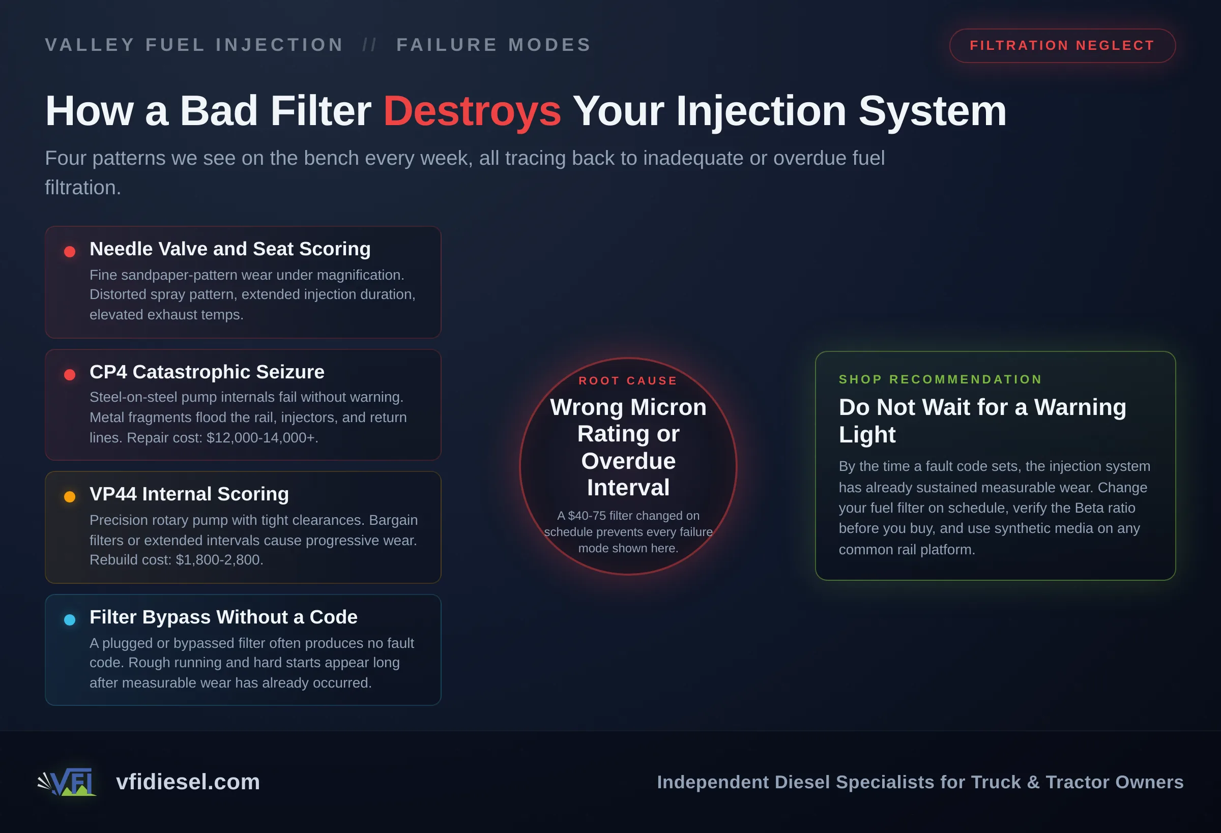 Diagnostic flow chart showing four filtration-related failure patterns, including needle valve scoring, CP4 catastrophic seizure, VP44 internal scoring, and silent filter bypass, all converging on the root cause of wrong micron rating or overdue filter interval, with a shop recommendation to change filters on schedule and verify Beta ratio before purchase.