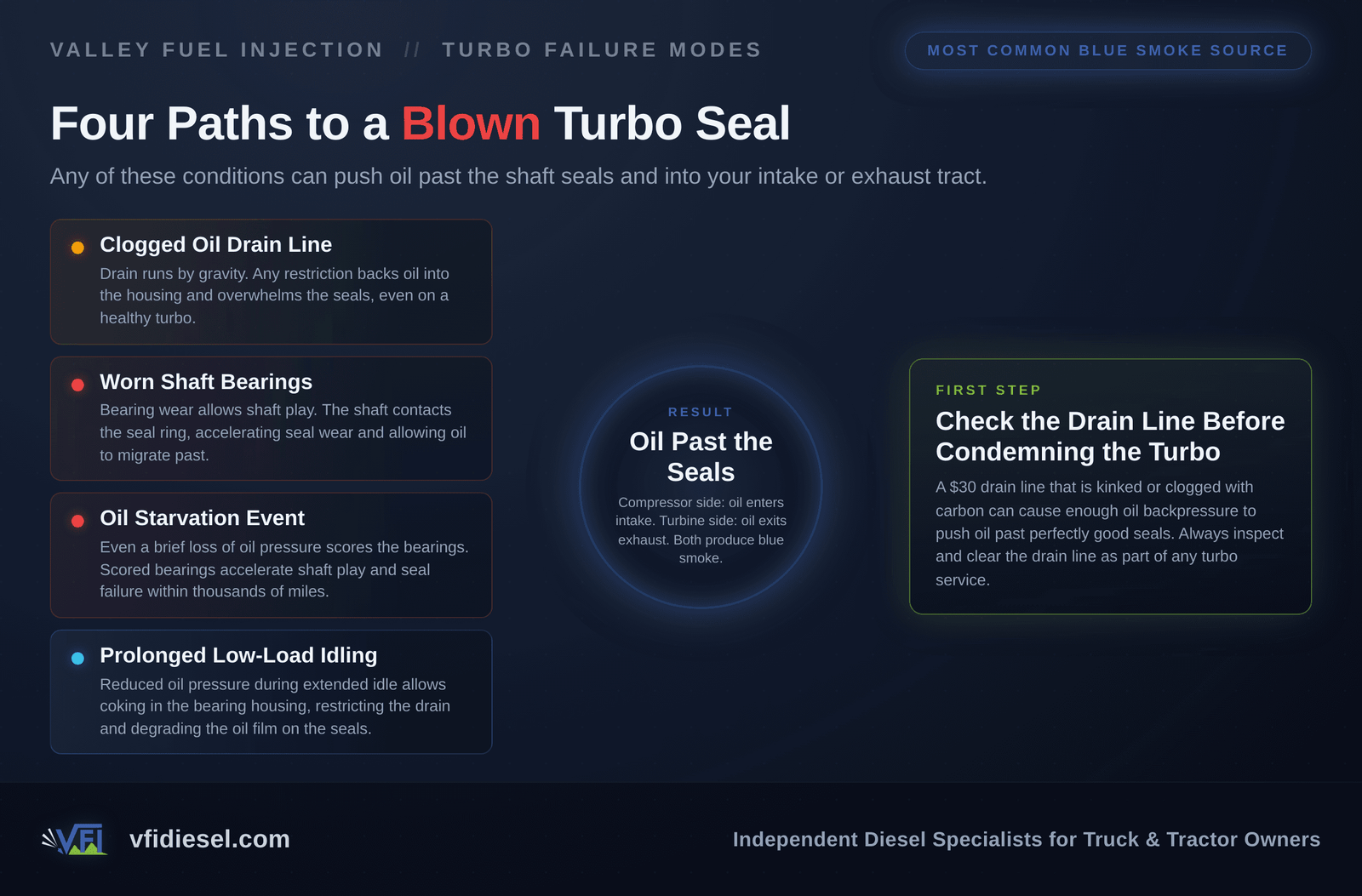 Diagnostic flow chart showing four root causes of turbo seal failure, including clogged drain line, worn shaft bearings, oil starvation, and prolonged idling, all converging on oil bypassing the seals, with a takeaway to inspect the drain line before replacing the turbo.
