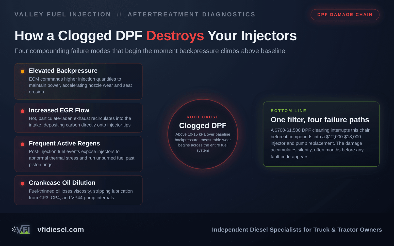 Diagnostic flow chart showing how a clogged DPF triggers four compounding failure modes: elevated backpressure, increased EGR flow, frequent active regens, and crankcase oil dilution, all converging on injector and pump damage.