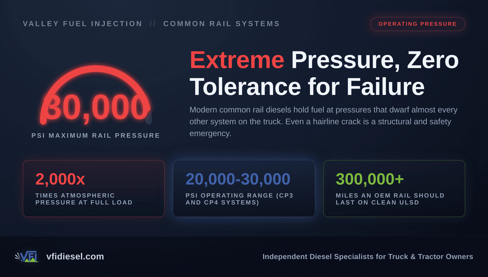 Gauge graphic showing common rail fuel pressure reaching 30,000 PSI, with stat cards for atmospheric pressure ratio, operating range, and expected OEM rail lifespan