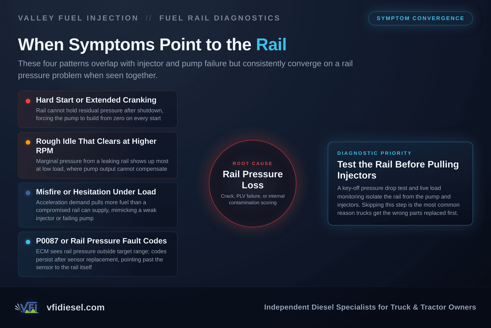 Diagnostic flow graphic showing four rail failure symptoms, hard start, rough idle, load misfire, and pressure fault codes, converging on a rail pressure loss diagnosis with a takeaway to test the rail before replacing injectors