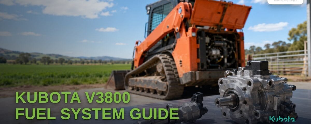 A Kubota V3800 common-rail injector and high-pressure supply pump on a steel bench in front of an orange compact track loader with its engine bay open, farmland behind. Title reads "Kubota V3800 Fuel System Guide: SVL90-2, SVL95-2s, M-Series, CAT C3.8".