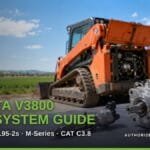 A Kubota V3800 common-rail injector and high-pressure supply pump on a steel bench in front of an orange compact track loader with its engine bay open, farmland behind. Title reads "Kubota V3800 Fuel System Guide: SVL90-2, SVL95-2s, M-Series, CAT C3.8".