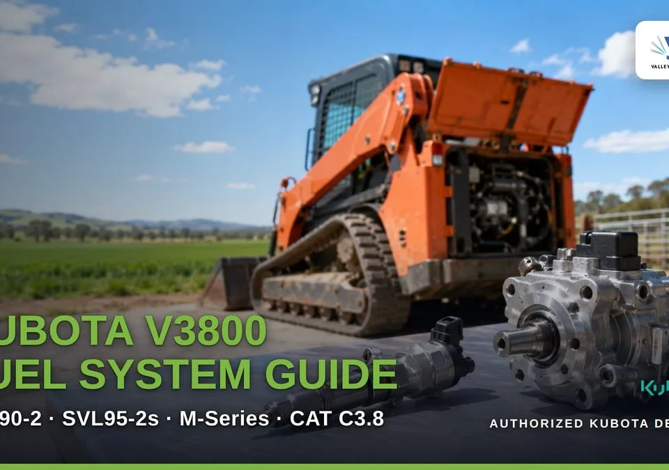 A Kubota V3800 common-rail injector and high-pressure supply pump on a steel bench in front of an orange compact track loader with its engine bay open, farmland behind. Title reads "Kubota V3800 Fuel System Guide: SVL90-2, SVL95-2s, M-Series, CAT C3.8".