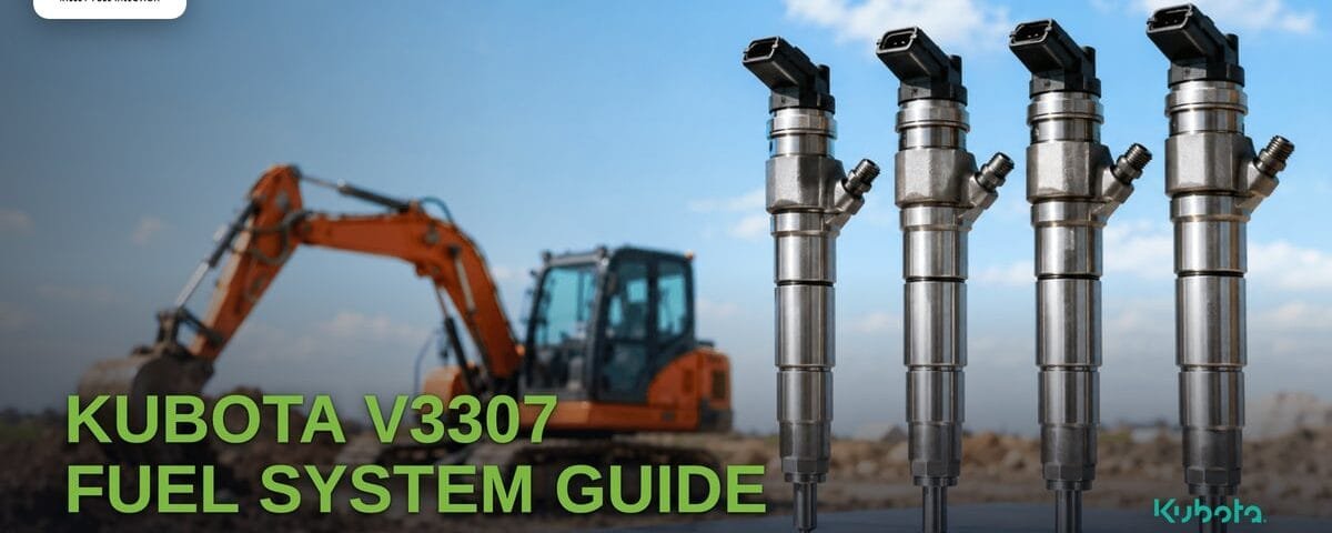 Four Kubota V3307 common-rail diesel injectors standing on a steel bench in front of an orange tracked excavator on a job site. Title reads "Kubota V3307 Fuel System Guide: SVL75-2, KX080-4, CAT C3.3B".