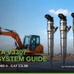 Four Kubota V3307 common-rail diesel injectors standing on a steel bench in front of an orange tracked excavator on a job site. Title reads "Kubota V3307 Fuel System Guide: SVL75-2, KX080-4, CAT C3.3B".