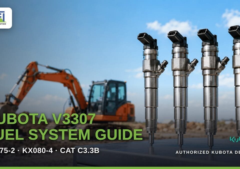 Four Kubota V3307 common-rail diesel injectors standing on a steel bench in front of an orange tracked excavator on a job site. Title reads "Kubota V3307 Fuel System Guide: SVL75-2, KX080-4, CAT C3.3B".