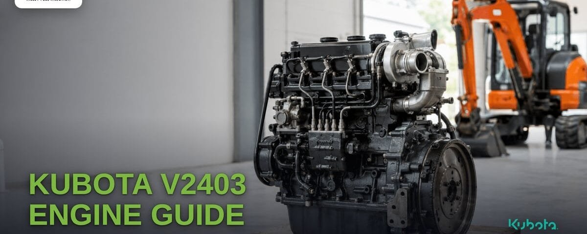 A complete Kubota V2403 diesel engine with turbocharger on a wooden pallet in a workshop, an orange excavator in the background. Title reads "Kubota V2403 Engine Guide: Problems, Cat C2.4 Crossover, Replacement".