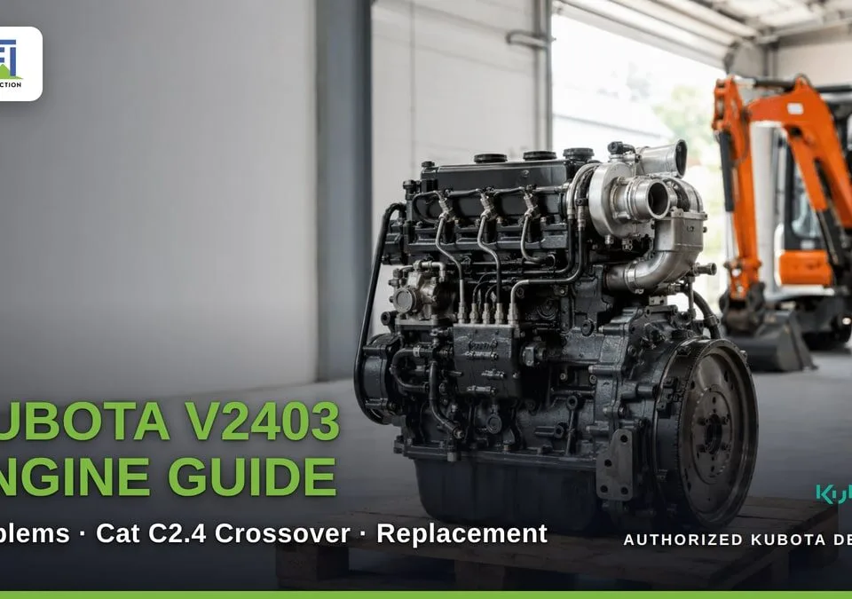 A complete Kubota V2403 diesel engine with turbocharger on a wooden pallet in a workshop, an orange excavator in the background. Title reads "Kubota V2403 Engine Guide: Problems, Cat C2.4 Crossover, Replacement".