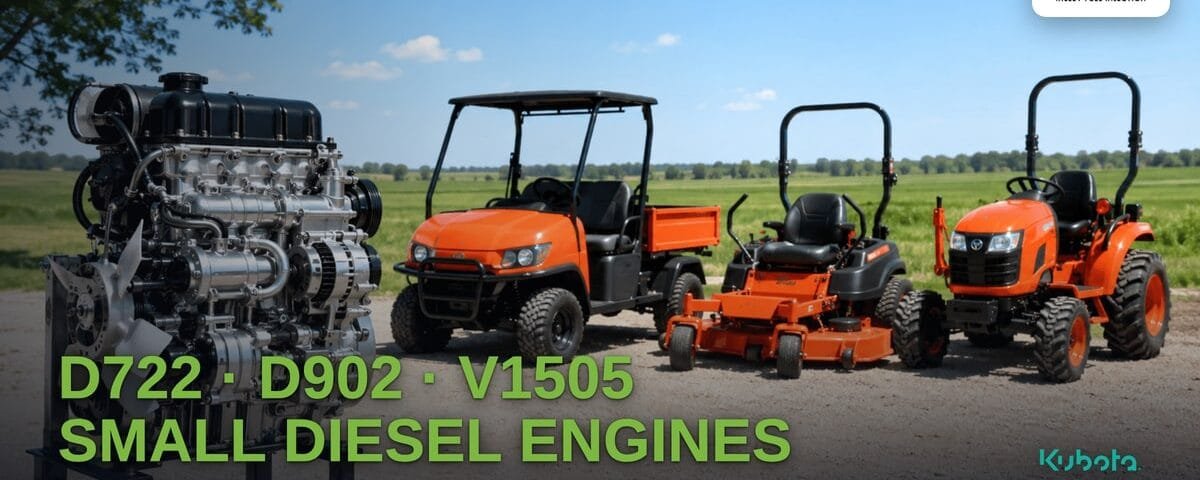 A polished Kubota small diesel engine on a stand beside a Kubota RTV utility vehicle, ZD zero-turn mower, and BX compact tractor in a field. Title reads "D722, D902, V1505 Small Diesel Engines: RTV900, BX, ZD, Generators".