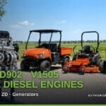 A polished Kubota small diesel engine on a stand beside a Kubota RTV utility vehicle, ZD zero-turn mower, and BX compact tractor in a field. Title reads "D722, D902, V1505 Small Diesel Engines: RTV900, BX, ZD, Generators".