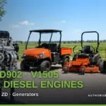A polished Kubota small diesel engine on a stand beside a Kubota RTV utility vehicle, ZD zero-turn mower, and BX compact tractor in a field. Title reads "D722, D902, V1505 Small Diesel Engines: RTV900, BX, ZD, Generators".