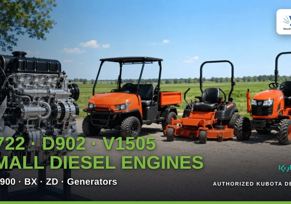 A polished Kubota small diesel engine on a stand beside a Kubota RTV utility vehicle, ZD zero-turn mower, and BX compact tractor in a field. Title reads "D722, D902, V1505 Small Diesel Engines: RTV900, BX, ZD, Generators".
